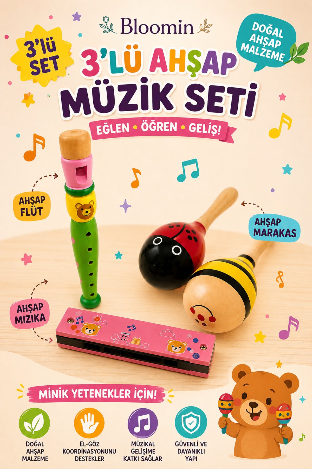 3’lü Ahşap Eğitici Müzik Seti