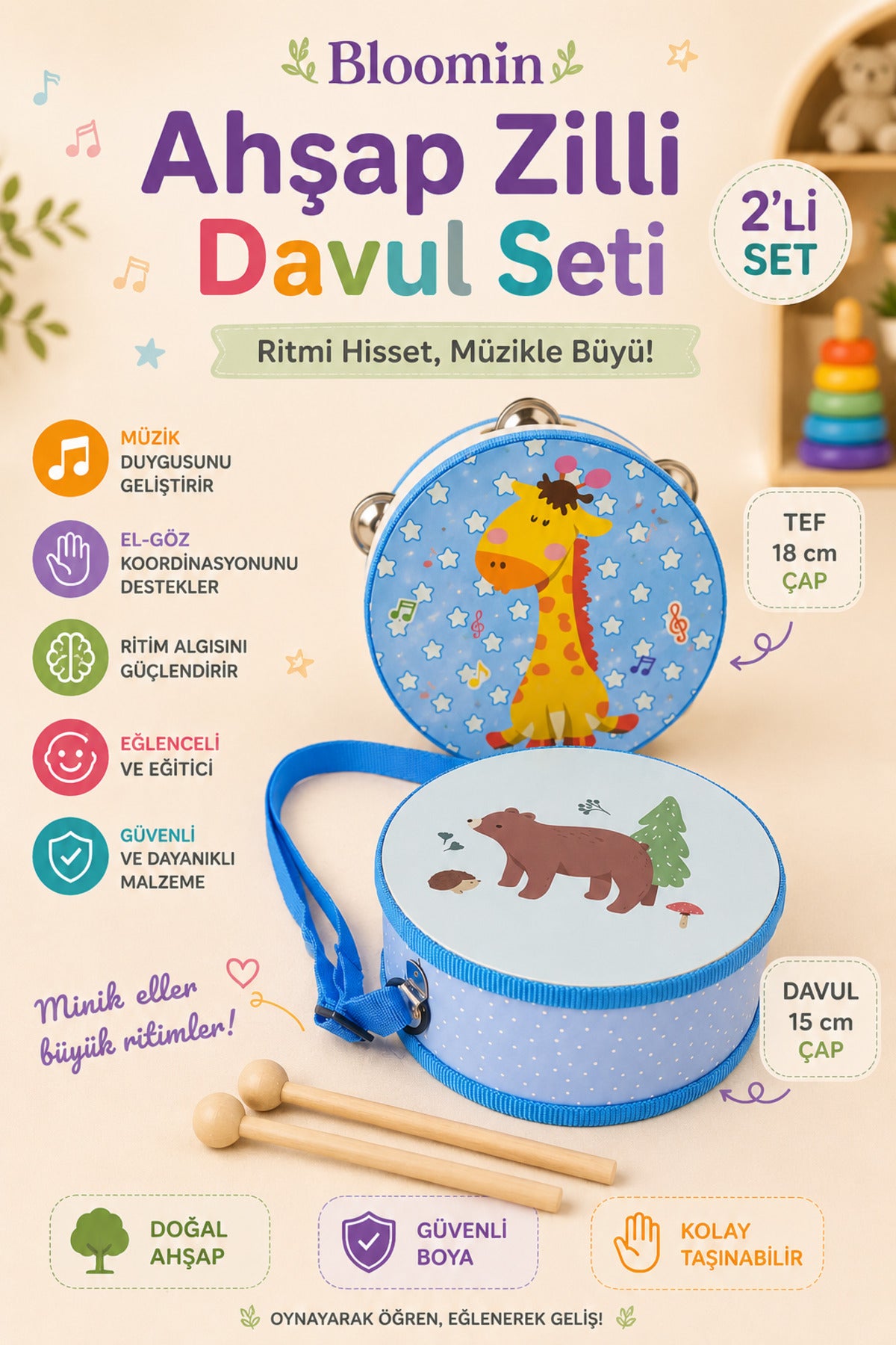 Ahşap Tef ve Davul Seti