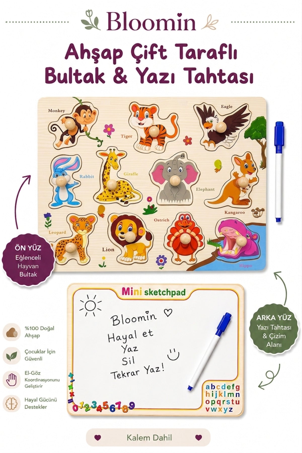 Ahşap Çift Taraflı Bultak & Yazı Tahtası | Kalem Dahil | Eğitici Montessori Bebek Çocuk Oyuncağı