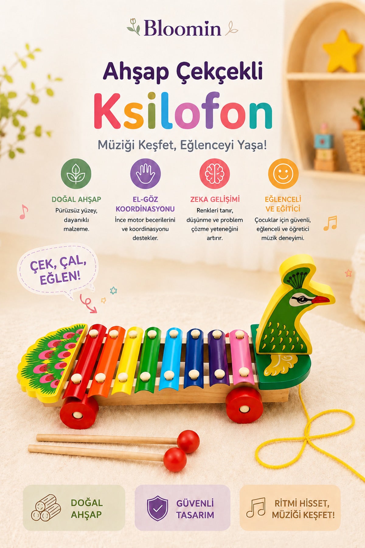 Kutulu Ahşap Tekerli Tavus Kuşu Figürlü Çekçek Selefon , Ksilofon Ahşap Müzik Aleti, Tekerlekli Çek Çek Çocuk Bebek Oyuncak