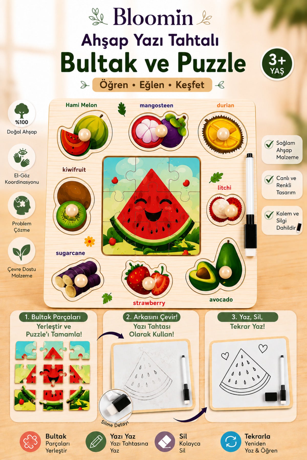 Ahşap Eğitici Bultak & Puzzle Oyuncak Ve Yaz Sil Yazı Tahtası Bebek Çocuk Ahşap Oyuncak