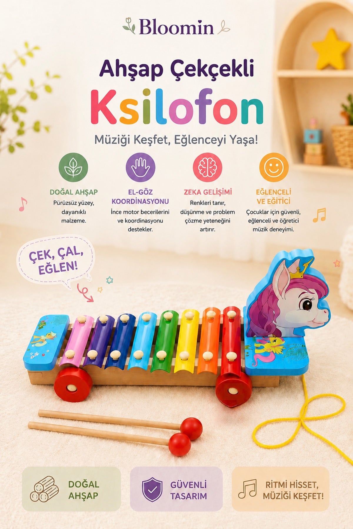 Kutulu Ahşap Tekerli Unicorn Figürlü Çekçek Selefon , Ksilofon Ahşap Müzik Aleti, Tekerlekli Çek Çek Çocuk Bebek Oyuncak