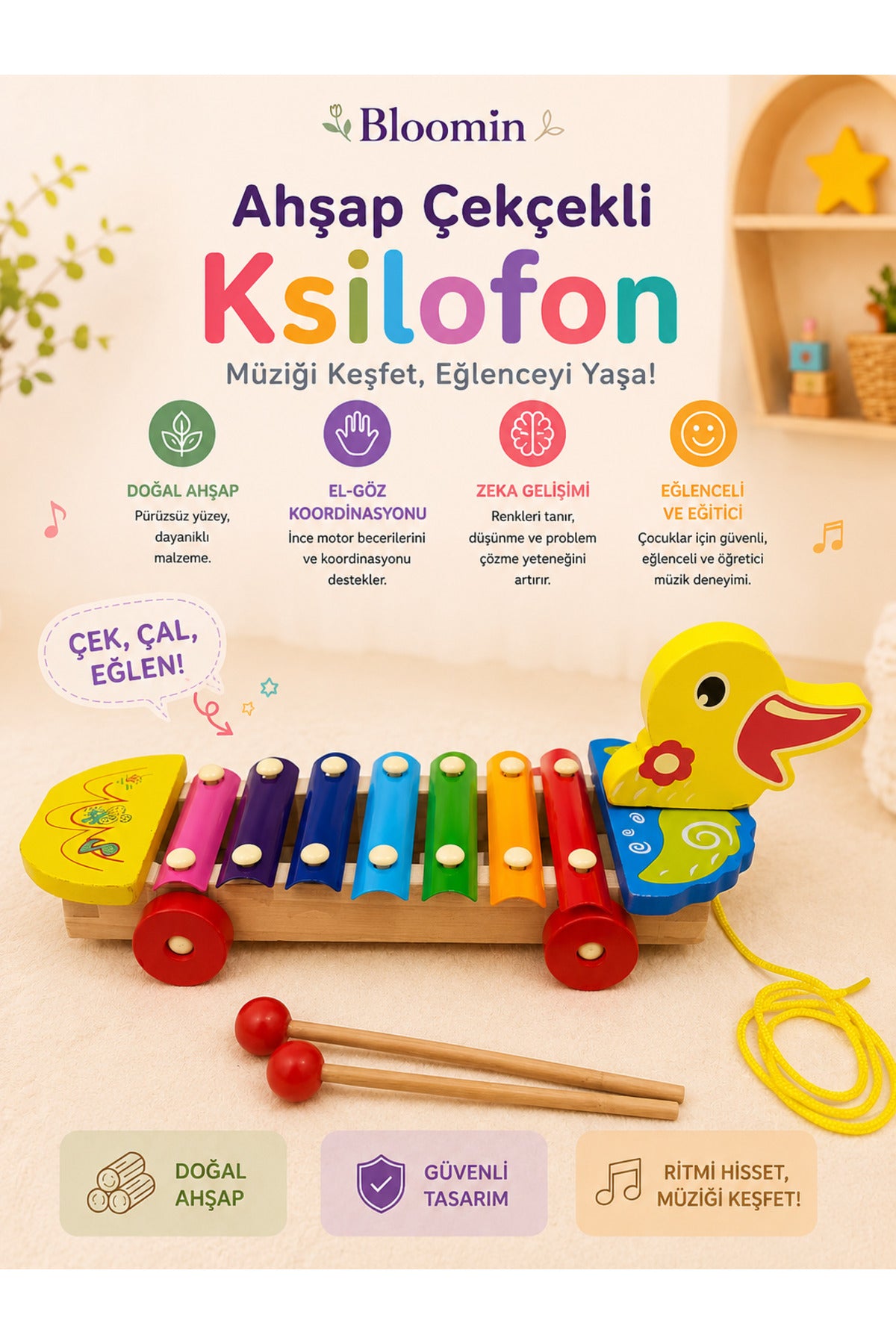 Kutulu Ahşap Tekerli Ördek Figürlü Çekçek Selefon , Ksilofon Ahşap Müzik Aleti, Tekerlekli Çek Çek Çocuk Bebek Oyuncak