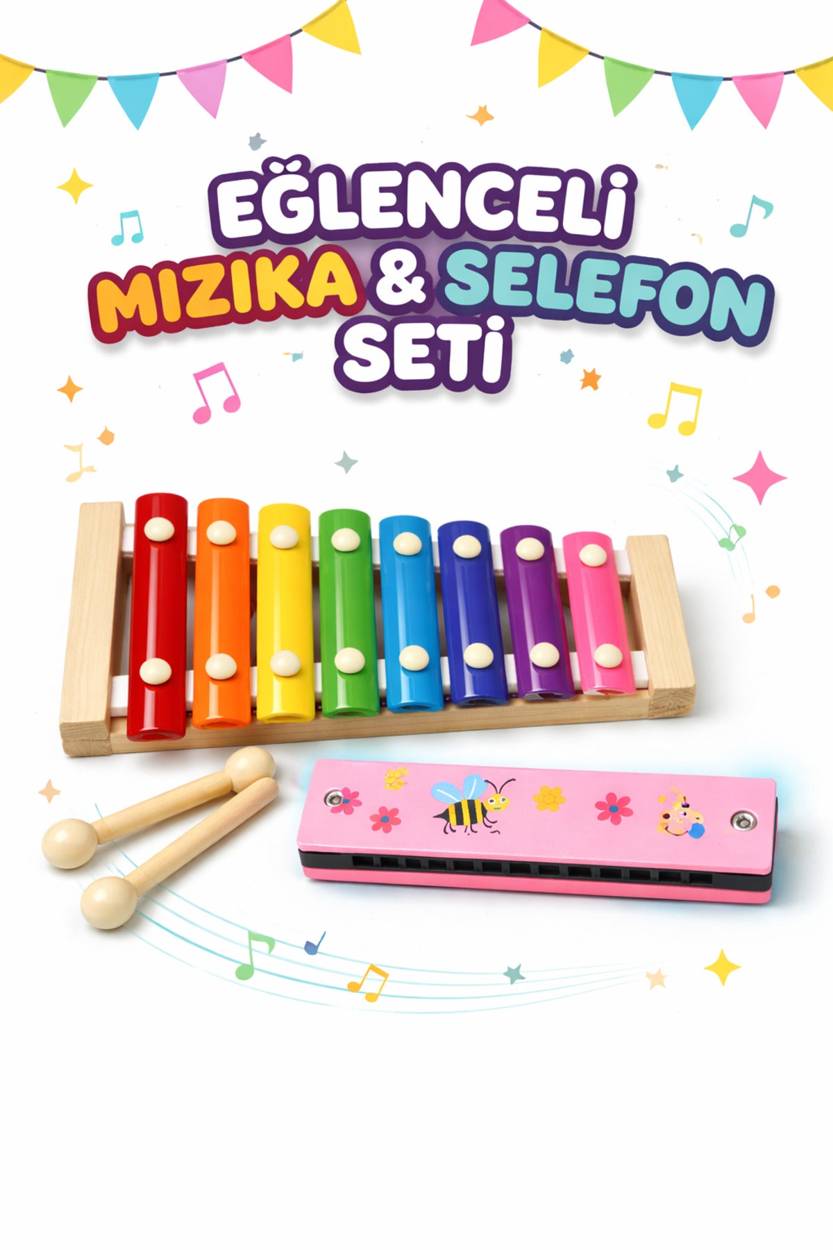 Örf Aletleri Seti Ahşap Selefon (Ksilofon) ve Mızıka Müzik Seti
