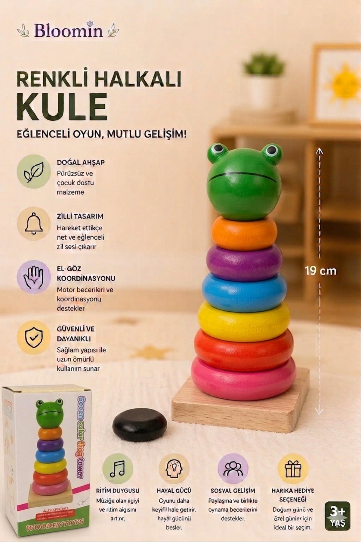 Ahşap Renkli Halkalı Kule Koordinasyon ve Zeka Oyunu Ahşap Çocuk Bebek Eğitici Kutulu Oyuncak Kurbağa