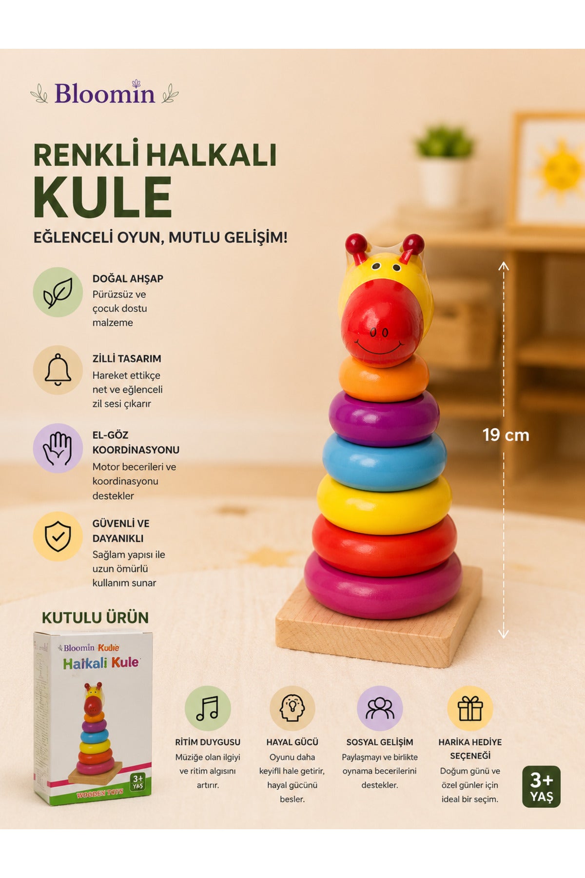 Ahşap Renkli Halkalı Kule Koordinasyon ve Zeka Oyunu Ahşap Çocuk Bebek Eğitici Kutulu Oyuncak ZÜRAFA