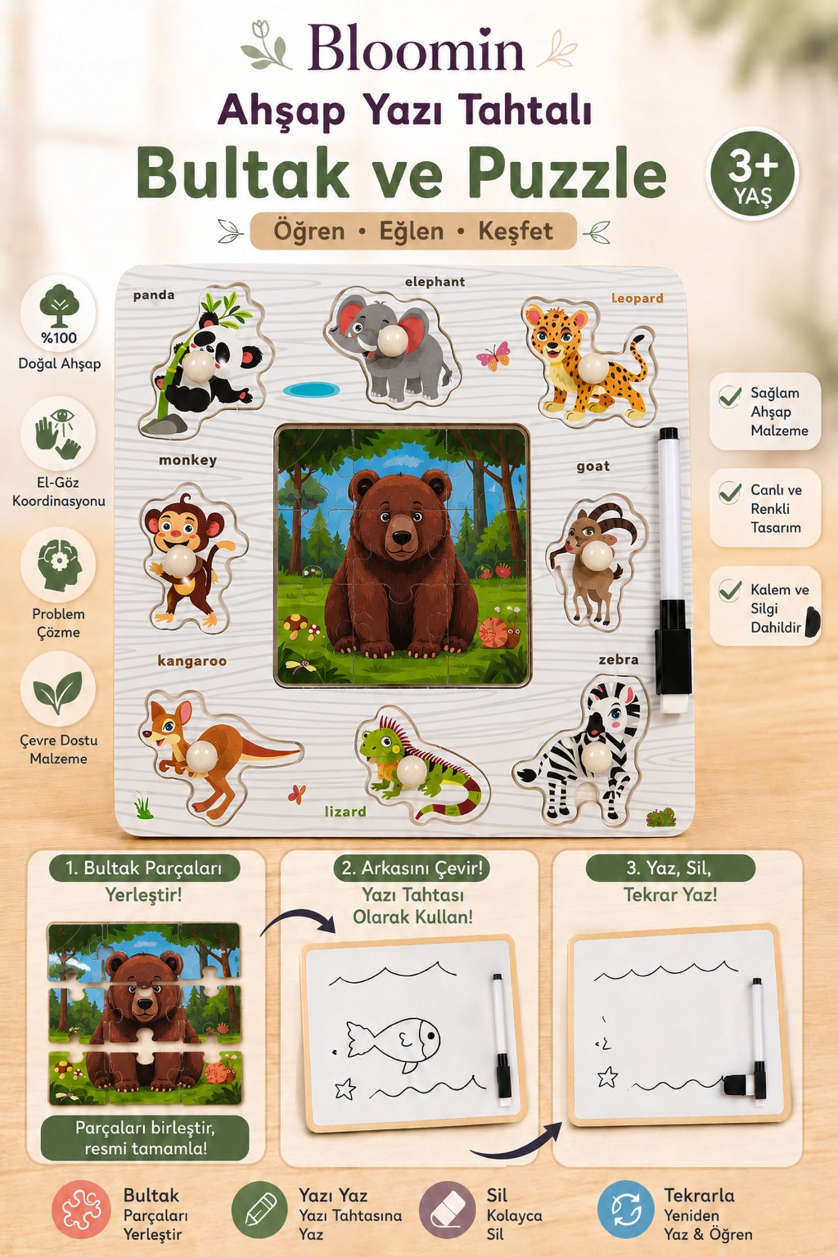 Ahşap Eğitici Bultak & Puzzle Oyuncak Ve Yaz Sil Yazı Tahtası Bebek Çocuk Ahşap Oyuncak