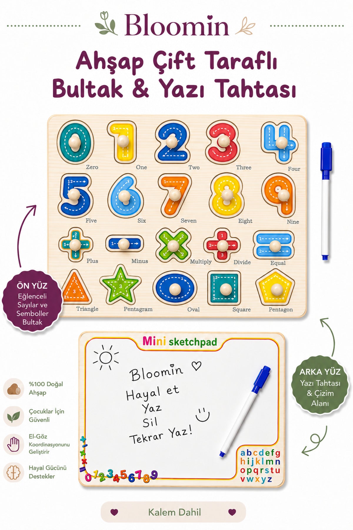 Ahşap Çift Taraflı Bultak & Yazı Tahtası | Kalem Dahil | Eğitici Montessori Bebek Çocuk Oyuncağı
