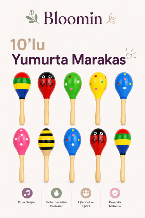 10 lu Ahşap Yumurta Marakas Set Bebek Çocuk Eğitici İşitsel Oyuncak Beceri