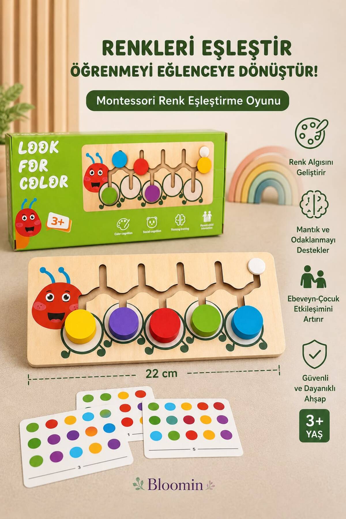 Montessori Ahşap Renk Eşleştirme Oyunu - Kutulu Kartlı Eğitim Seti Renk ve Dikkat Geliştirici Zeka Oyuncağı Bebek Çocuk Ahşap Oyuncak