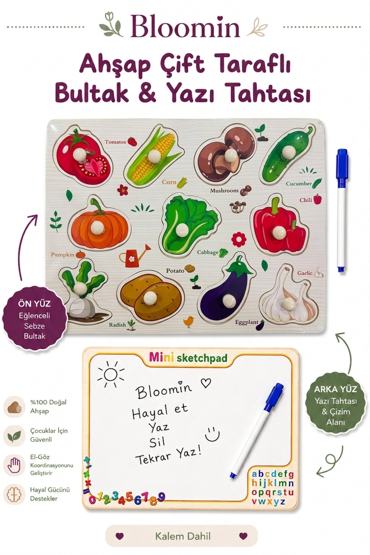 Ahşap Çift Taraflı Bultak & Yazı Tahtası | Kalem Dahil | Eğitici Montessori Bebek Çocuk Oyuncağı