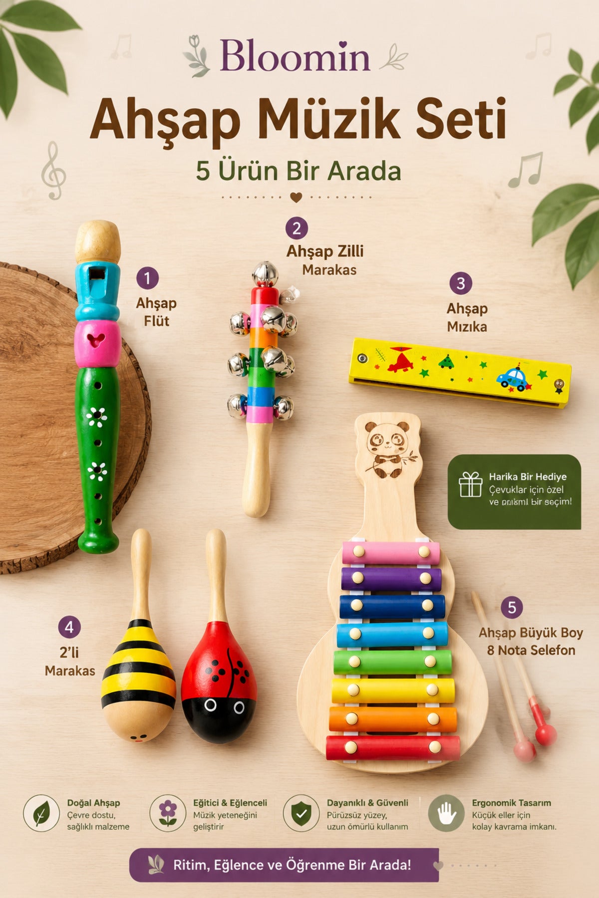 5'li Set Ahşap Müzik ve Ritim Seti AHŞAP Mızıka , 2'li Marakas , Zilli Marakas, Ahşap Flüt , Selefon Bebek - Çocuk Gelişim