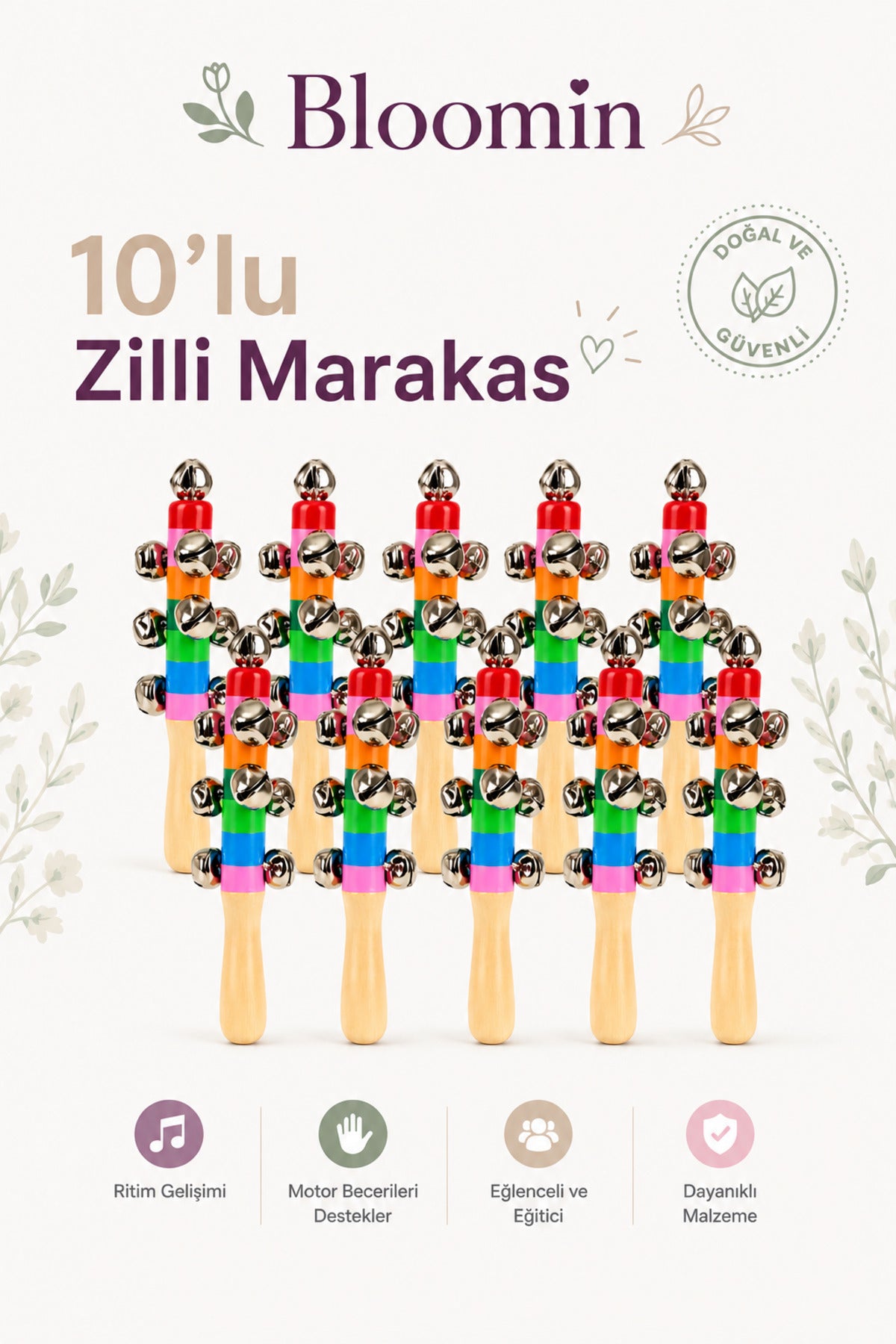 10’lu Metal Zilli Ahşap Marakas Ahşap Müzik Aleti El Zili Seti