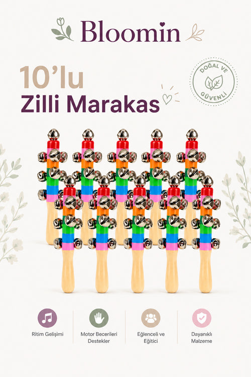 10’lu Metal Zilli Ahşap Marakas Ahşap Müzik Aleti El Zili Seti