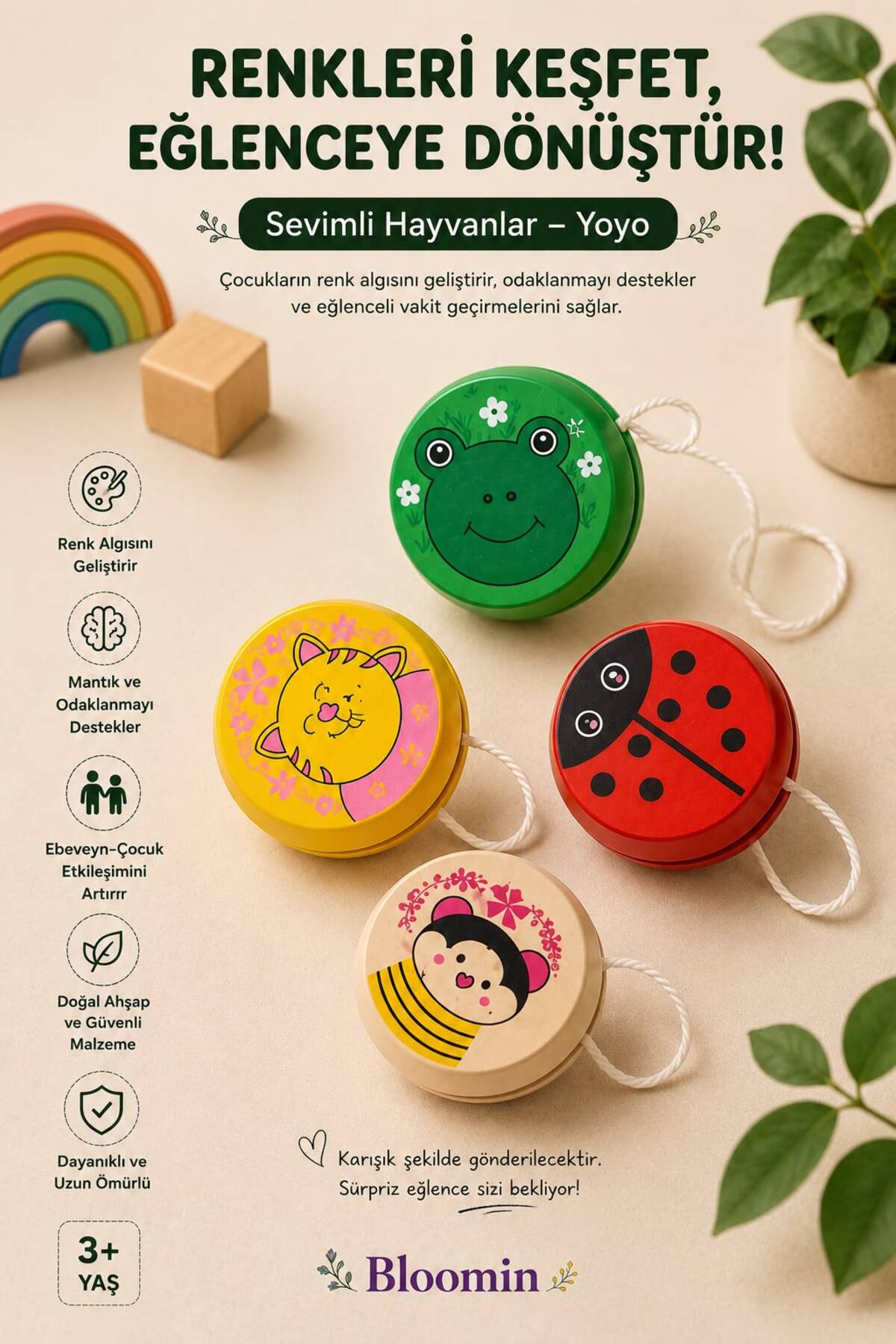Ahşap Hayvan Figürlü Yoyo Oyuncağı | Eğitici ve Eğlenceli Ahşap Yoyo Bebek - Çocuk Ahşap Oyuncak