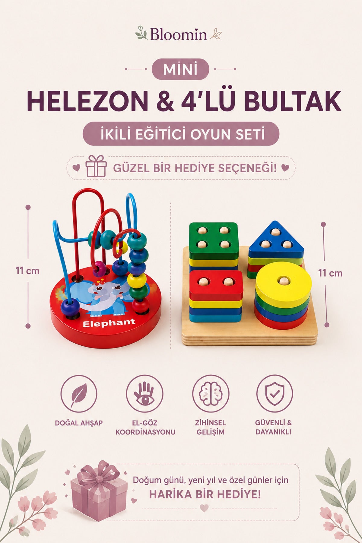 Mini Helezon & 4’lü Bultak Eğitici Ahşap Oyuncak Seti