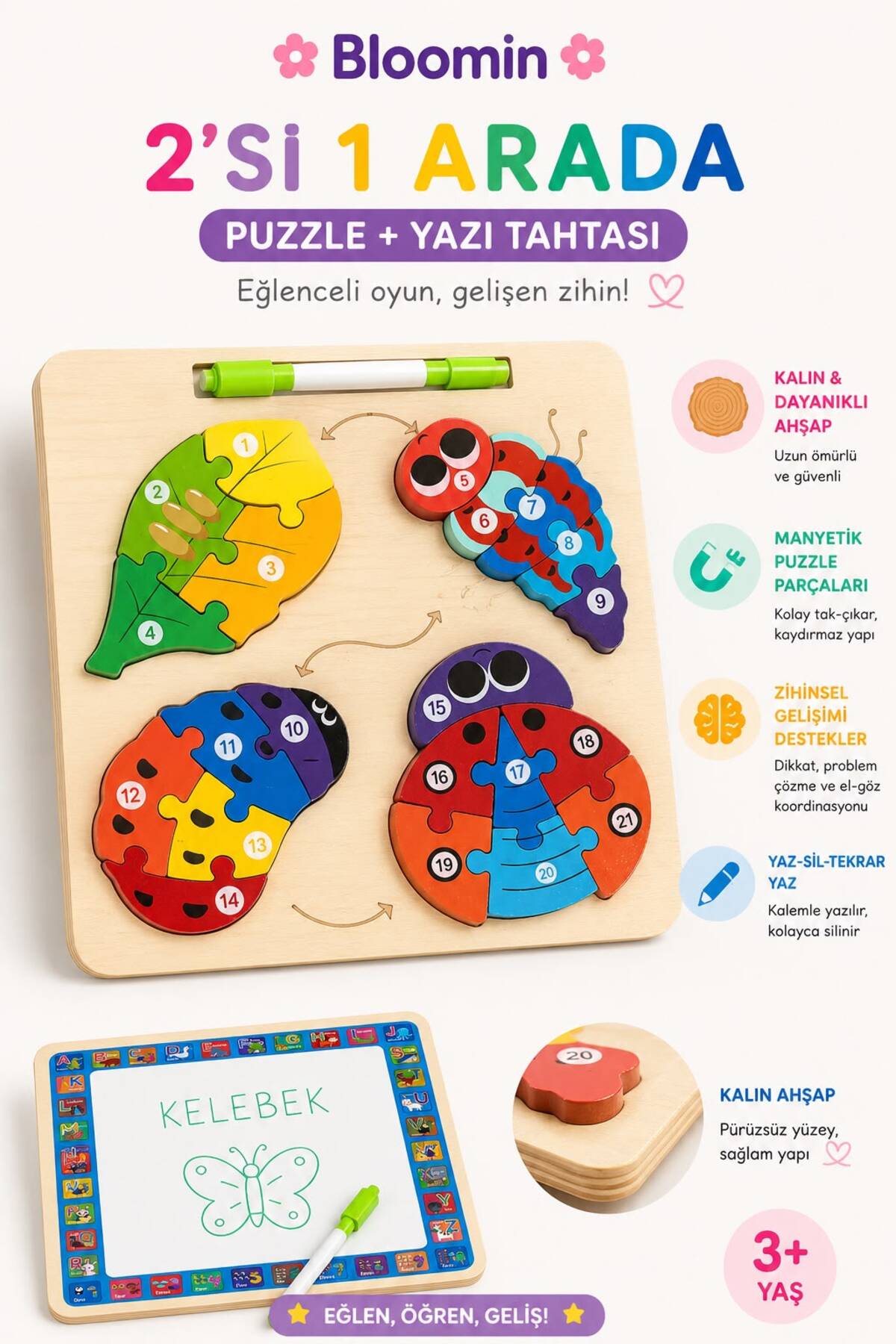 Eğitici Ahşap Oyuncak Temalı Yapboz - Bultak Ve Silinebilir Yazı Tahtası (Kalem Dahil) Çocuk Bebek