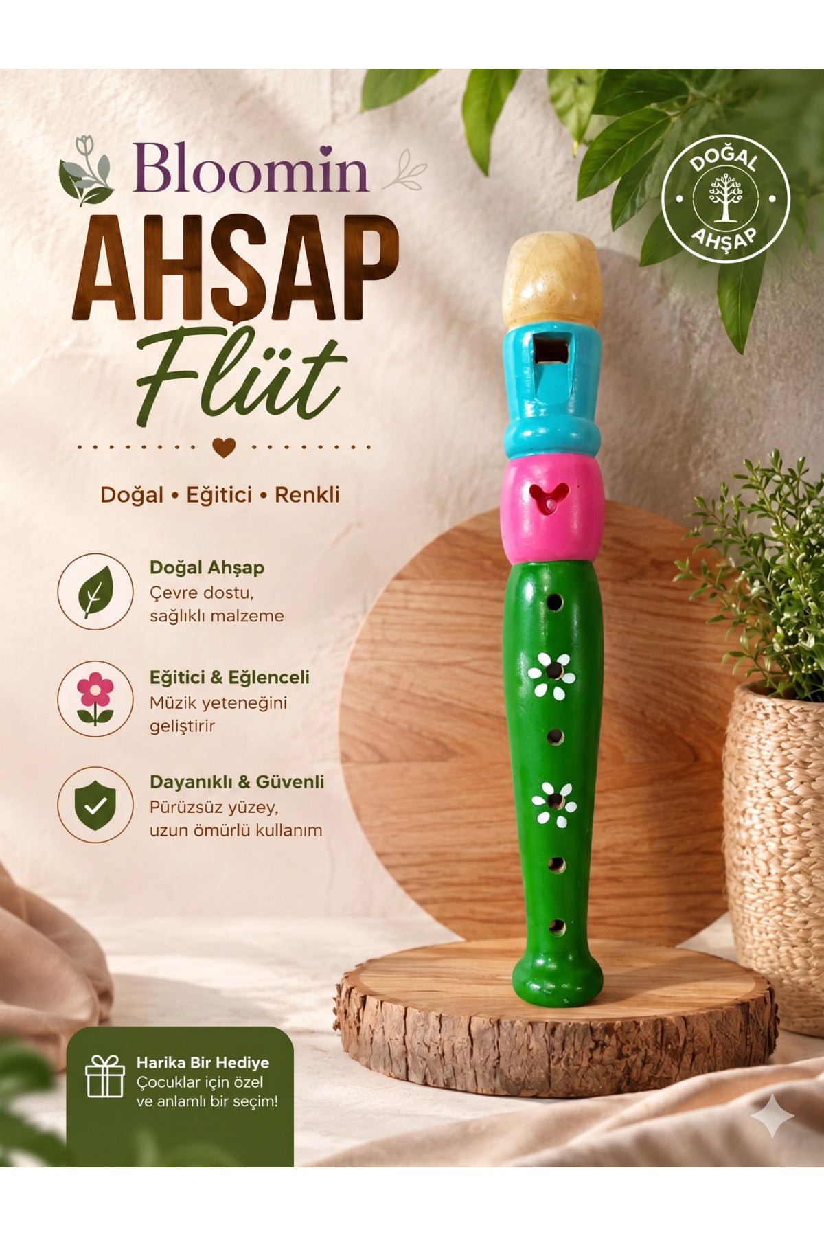 Ahşap Flüt Eğitici Müzik Aleti Bebek - Çocuk Ahşap Oyuncak Renkli 20cm Müzik Aleti