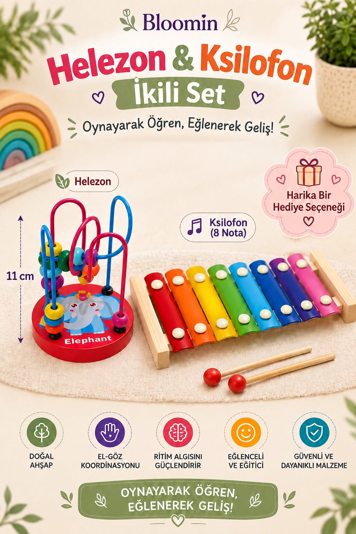 Ahşap Mini Helezon & Ksilofon Eğitici Oyuncak Seti