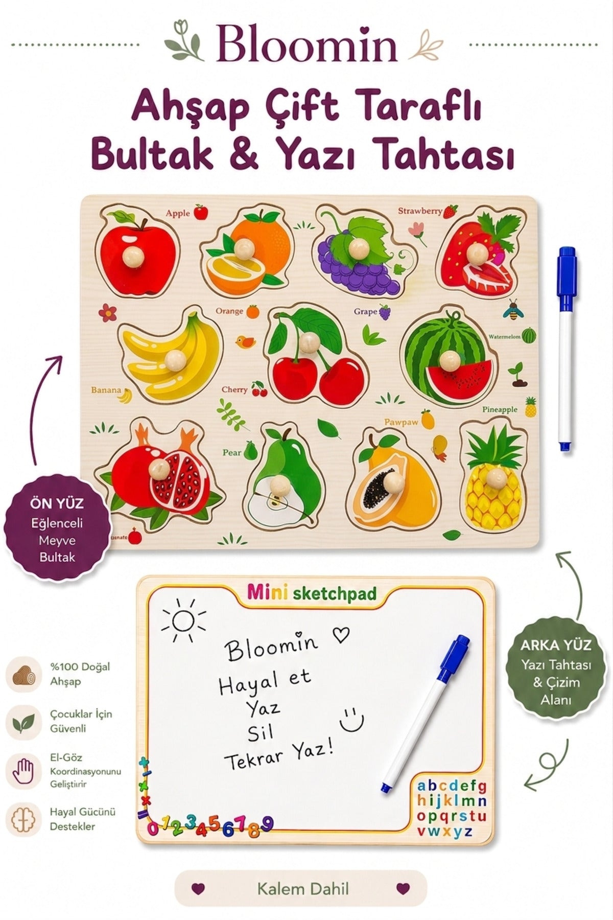 Ahşap Çift Taraflı Bultak & Yazı Tahtası | Kalem Dahil | Eğitici Montessori Bebek Çocuk Oyuncağı