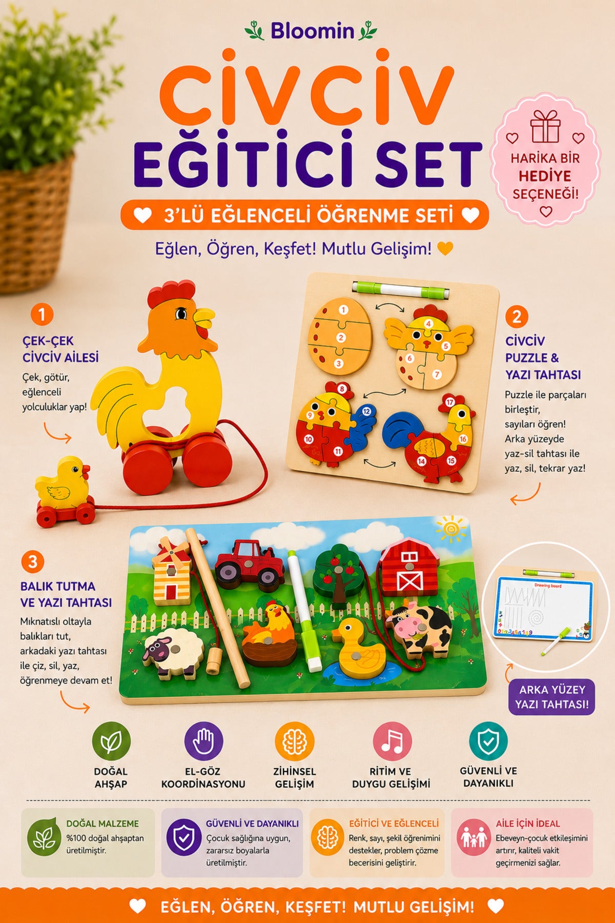 3lü Ahşap Eğitici Civcivli Oyun Seti