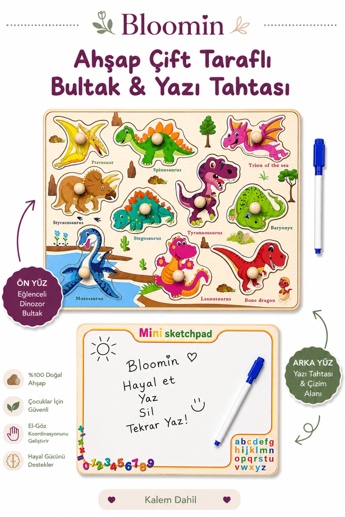 Ahşap Çift Taraflı Bultak & Yazı Tahtası | Kalem Dahil | Eğitici Montessori Bebek Çocuk Oyuncağı