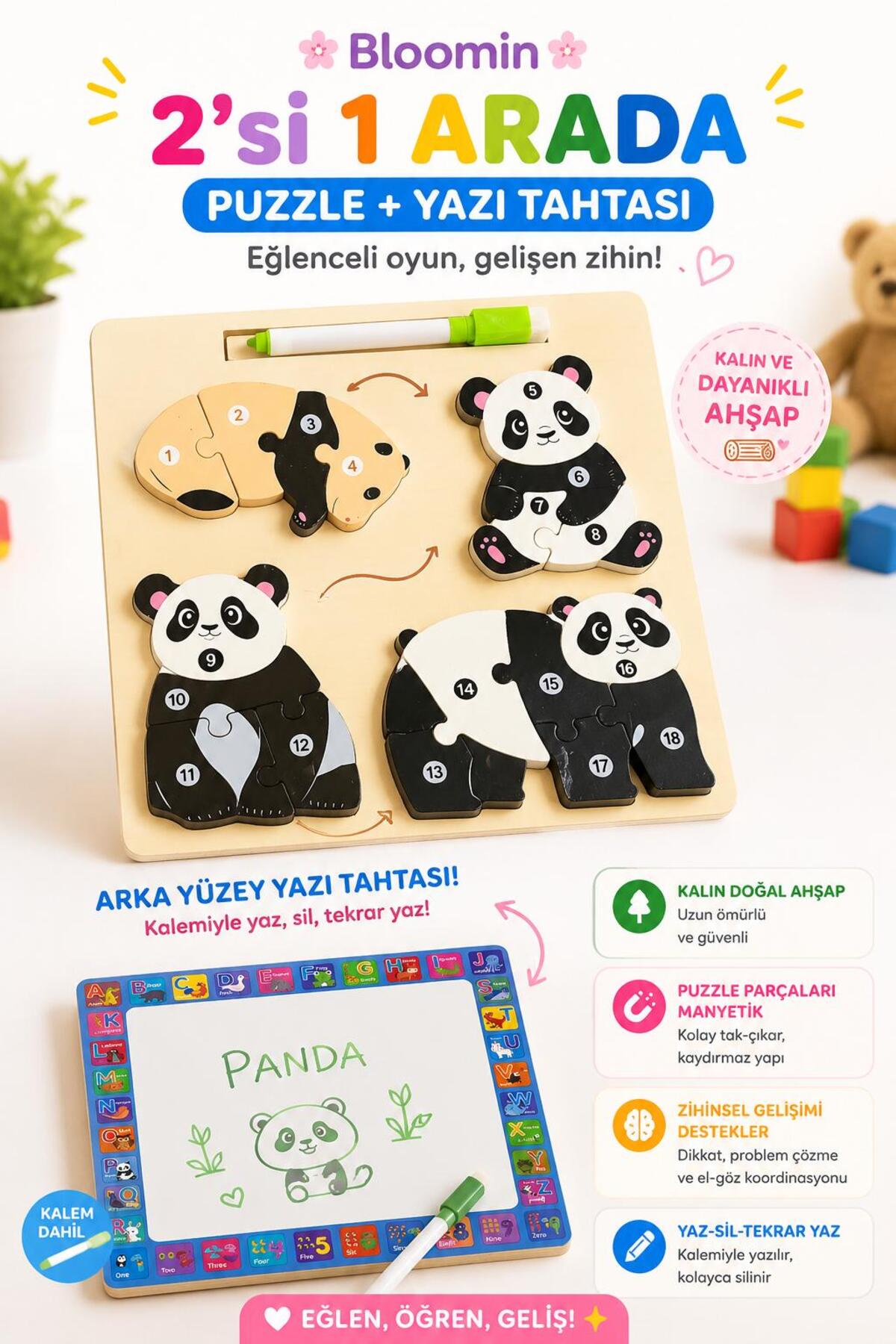 Eğitici Ahşap Oyuncak Temalı Yapboz - Bultak Ve Silinebilir Yazı Tahtası (Kalem Dahil) Çocuk Bebek