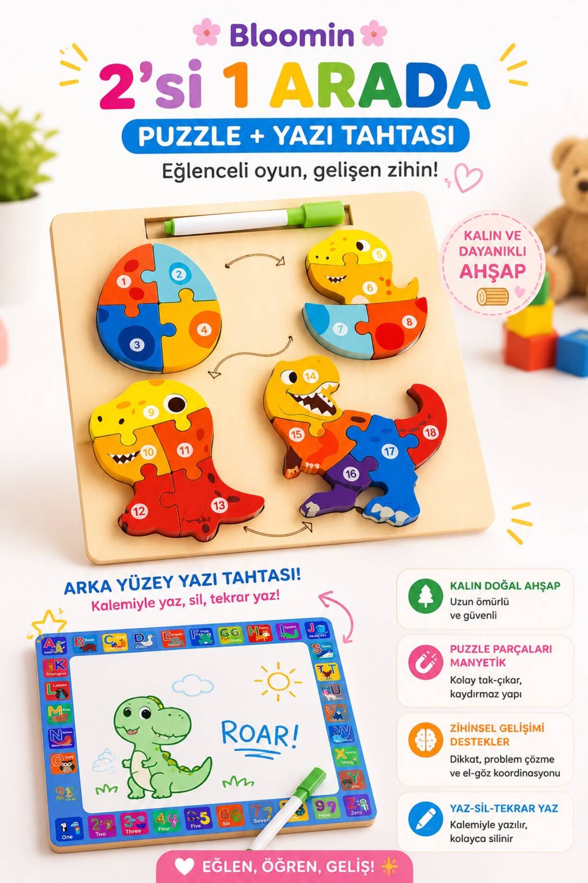 Eğitici Ahşap Oyuncak Temalı Yapboz - Bultak Ve Silinebilir Yazı Tahtası (Kalem Dahil) Çocuk Bebek