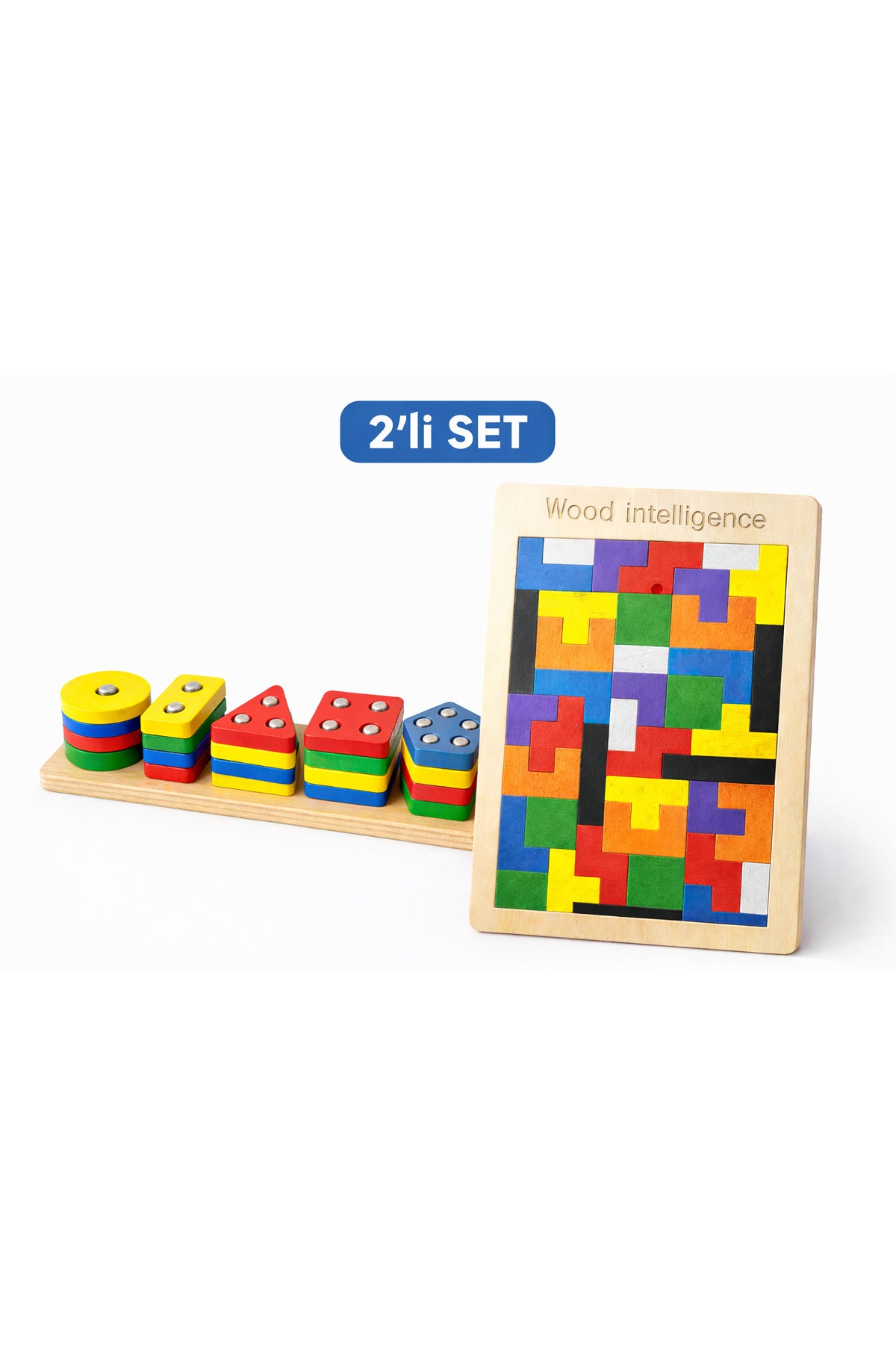 5’li Ahşap Bultak Geometrik Şekil Yerleştirme ve Tetris Blok Puzzle Eğitici Oyuncak Seti