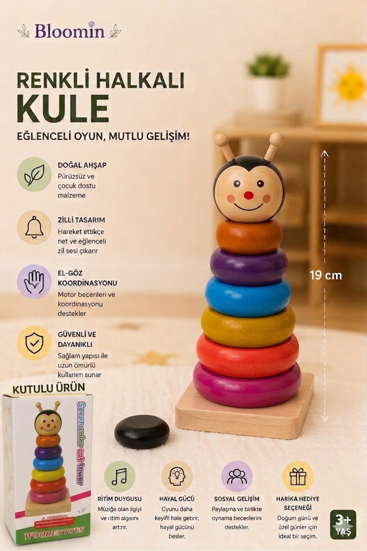 Ahşap Renkli Halkalı Kule Koordinasyon ve Zeka Oyunu Ahşap Çocuk Bebek Eğitici Kutulu Oyuncak Uğur Böceği