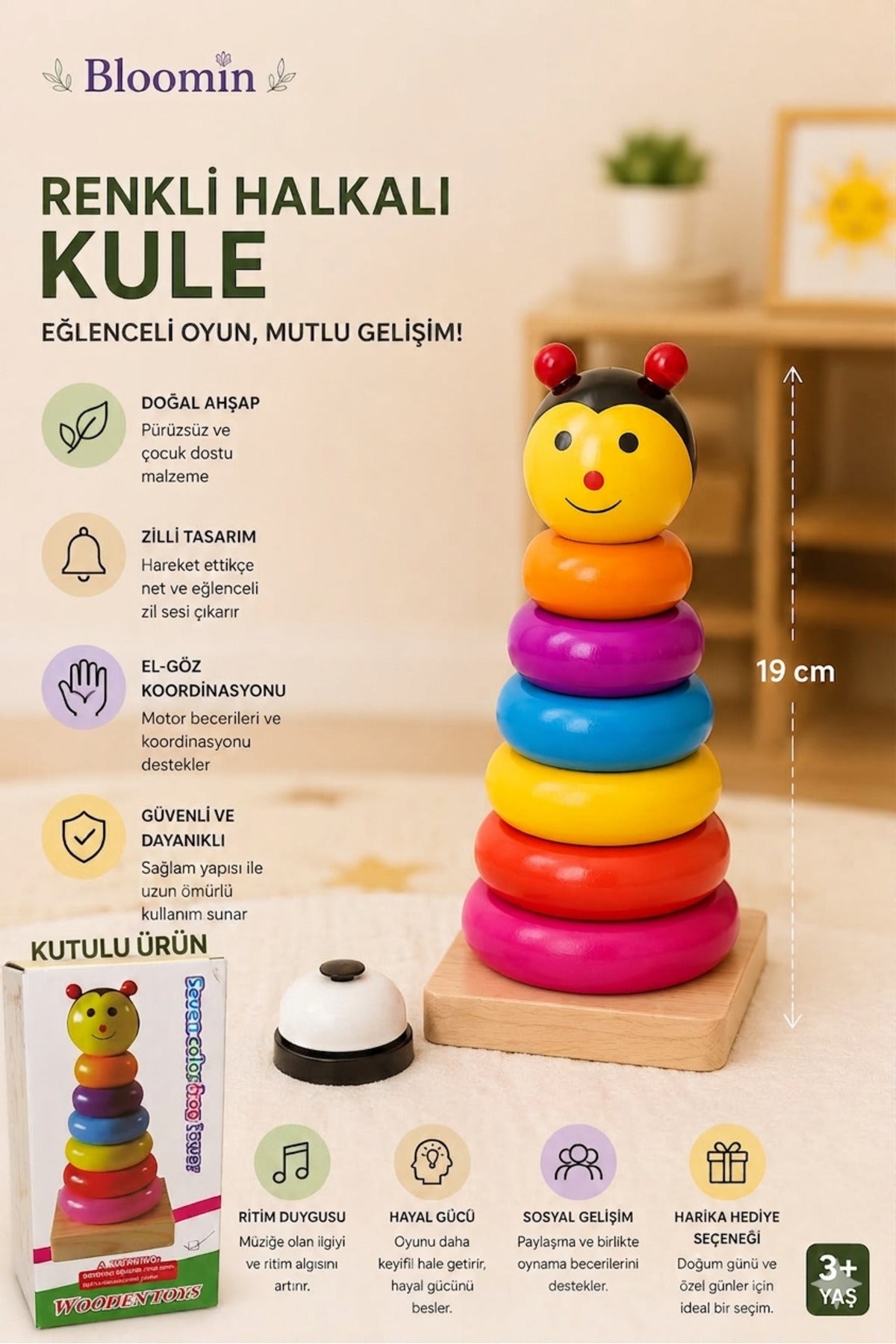Ahşap Renkli Halkalı Kule Koordinasyon ve Zeka Oyunu Ahşap Çocuk Bebek Eğitici Kutulu Oyuncak ARI