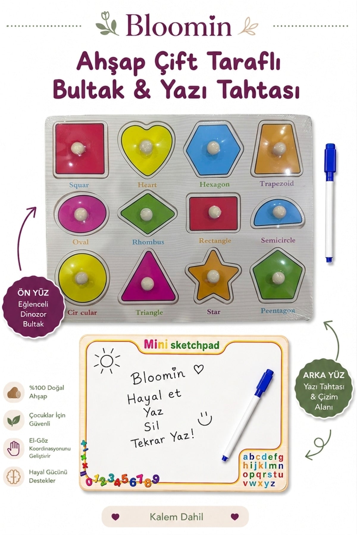 Ahşap Çift Taraflı Bultak & Yazı Tahtası | Kalem Dahil | Eğitici Montessori Bebek Çocuk Oyuncağı