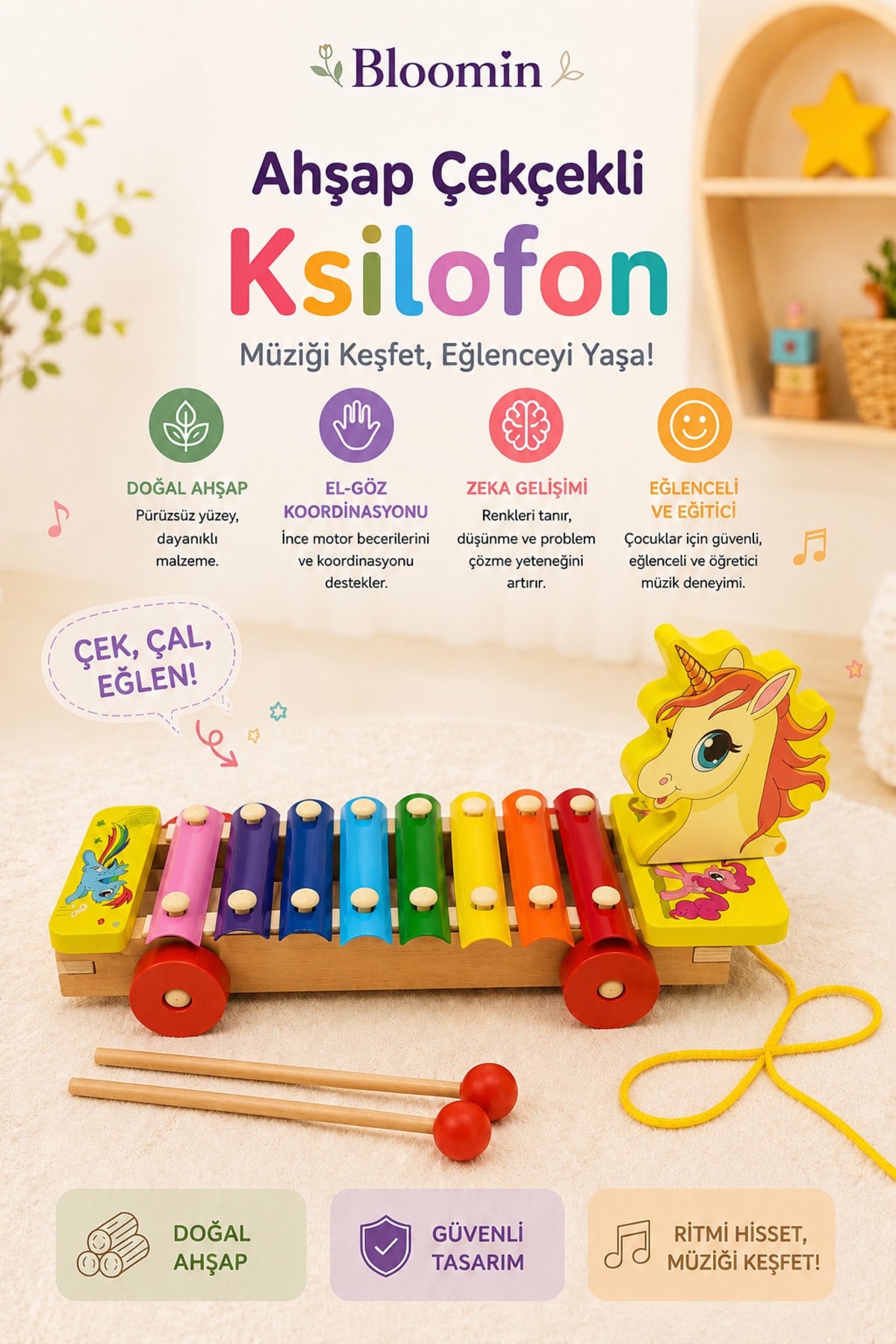 Kutulu Ahşap Tekerli Unicorn Figürlü Çekçek Selefon , Ksilofon Ahşap Müzik Aleti, Tekerlekli Çek Çek Çocuk Bebek Oyuncak
