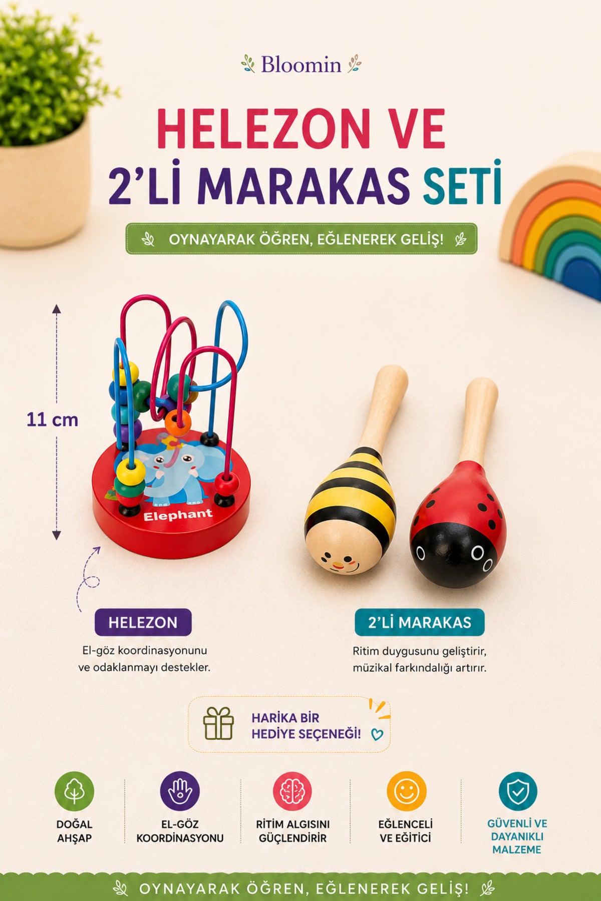 Ahşap Mini Helezon & 2li Marakas Eğitici Oyuncak Seti