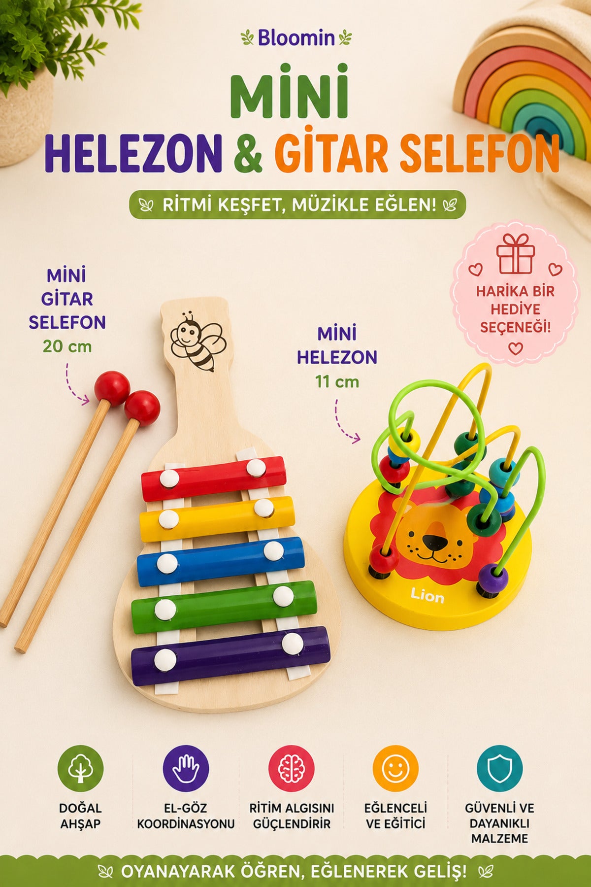 2 li Ahşap Mini Gitar Ksilofon & Mini Helezon Seti