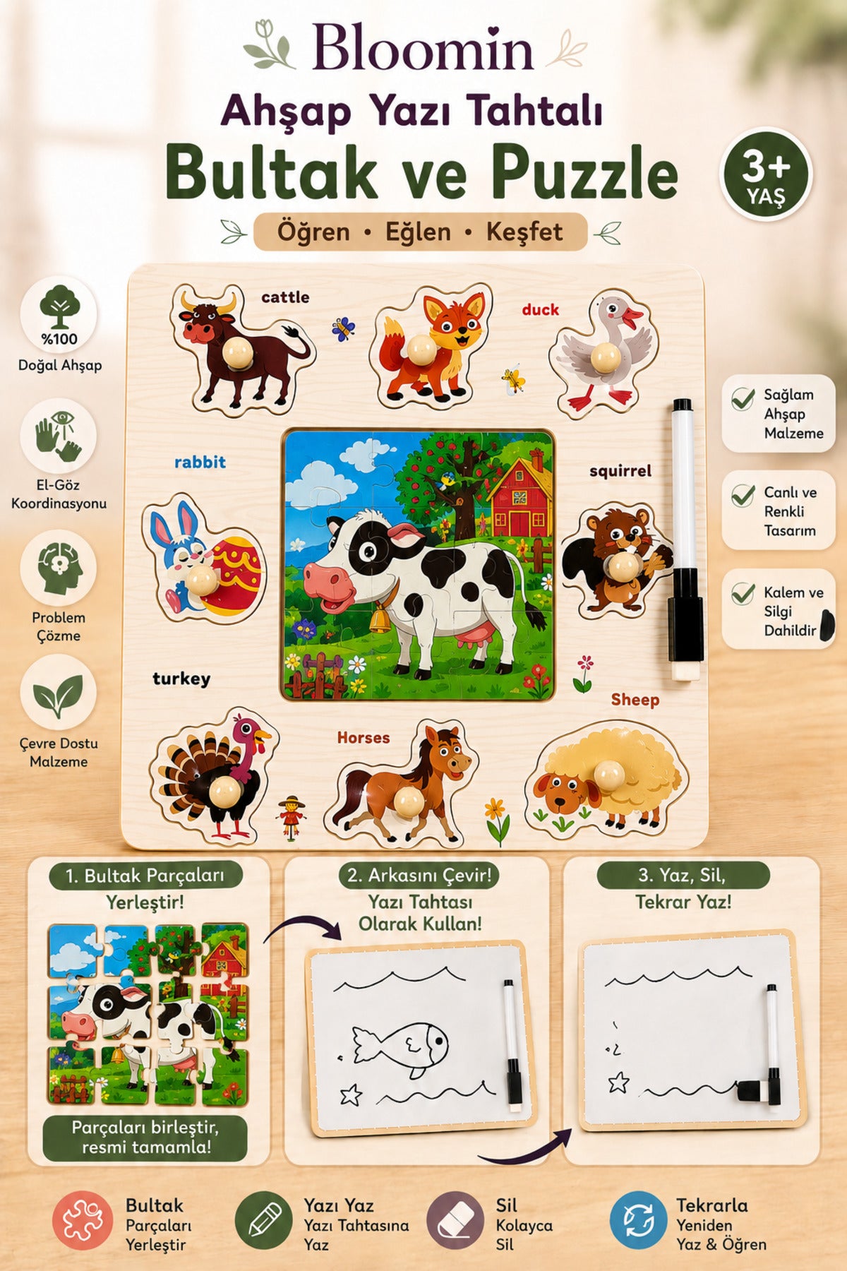 Ahşap Eğitici Bultak & Puzzle Oyuncak Ve Yaz Sil Yazı Tahtası Bebek Çocuk Ahşap Oyuncak