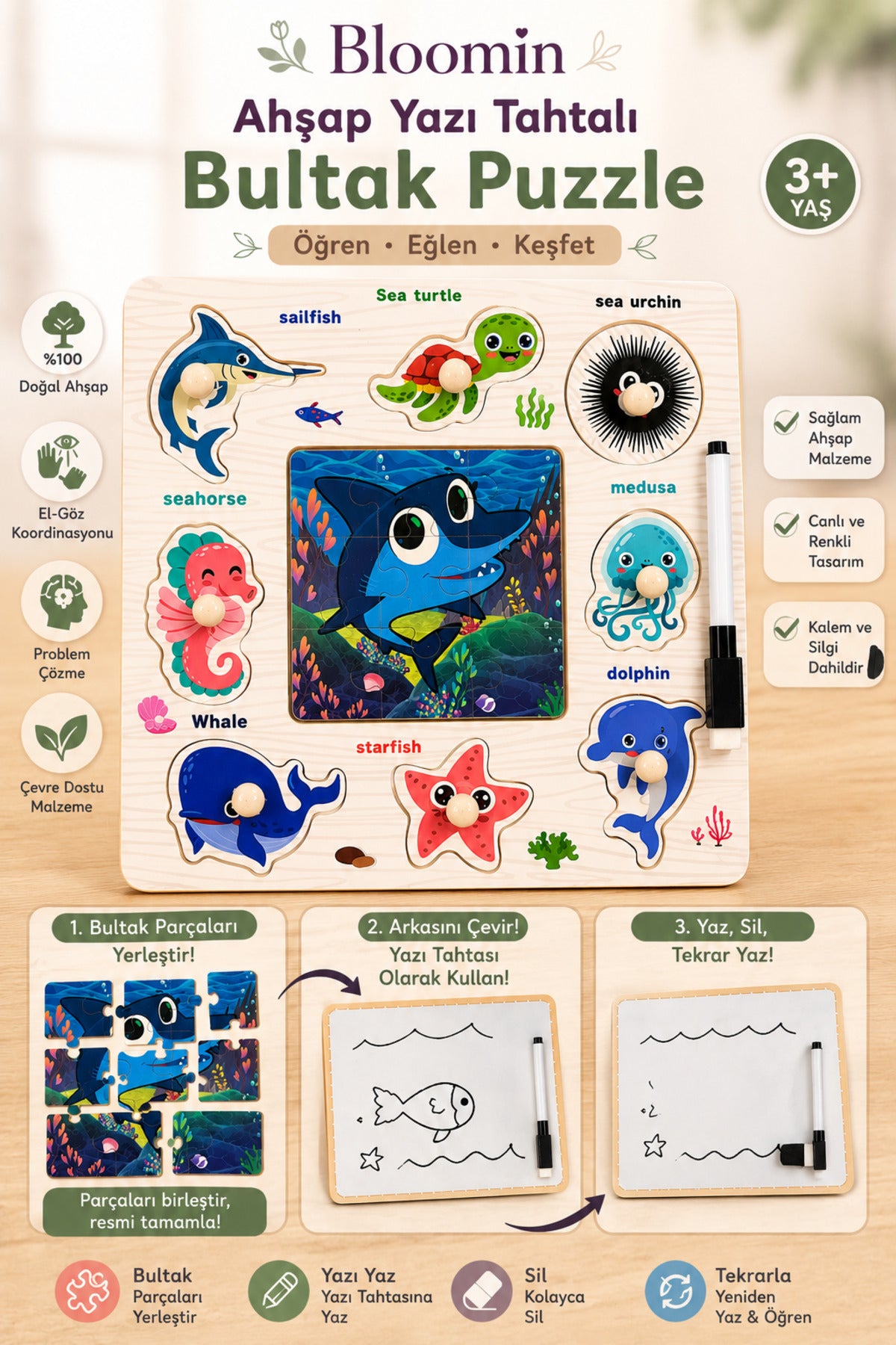 Ahşap Eğitici Bultak & Puzzle Oyuncak Ve Yaz Sil Yazı Tahtası Bebek Çocuk Ahşap Oyuncak