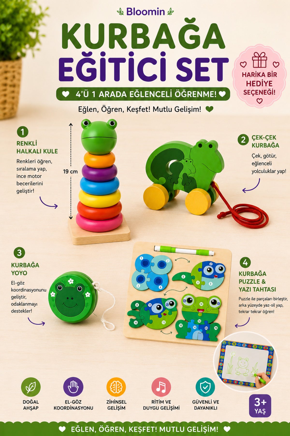 4lü Ahşap Kurbağalı Eğitici Set