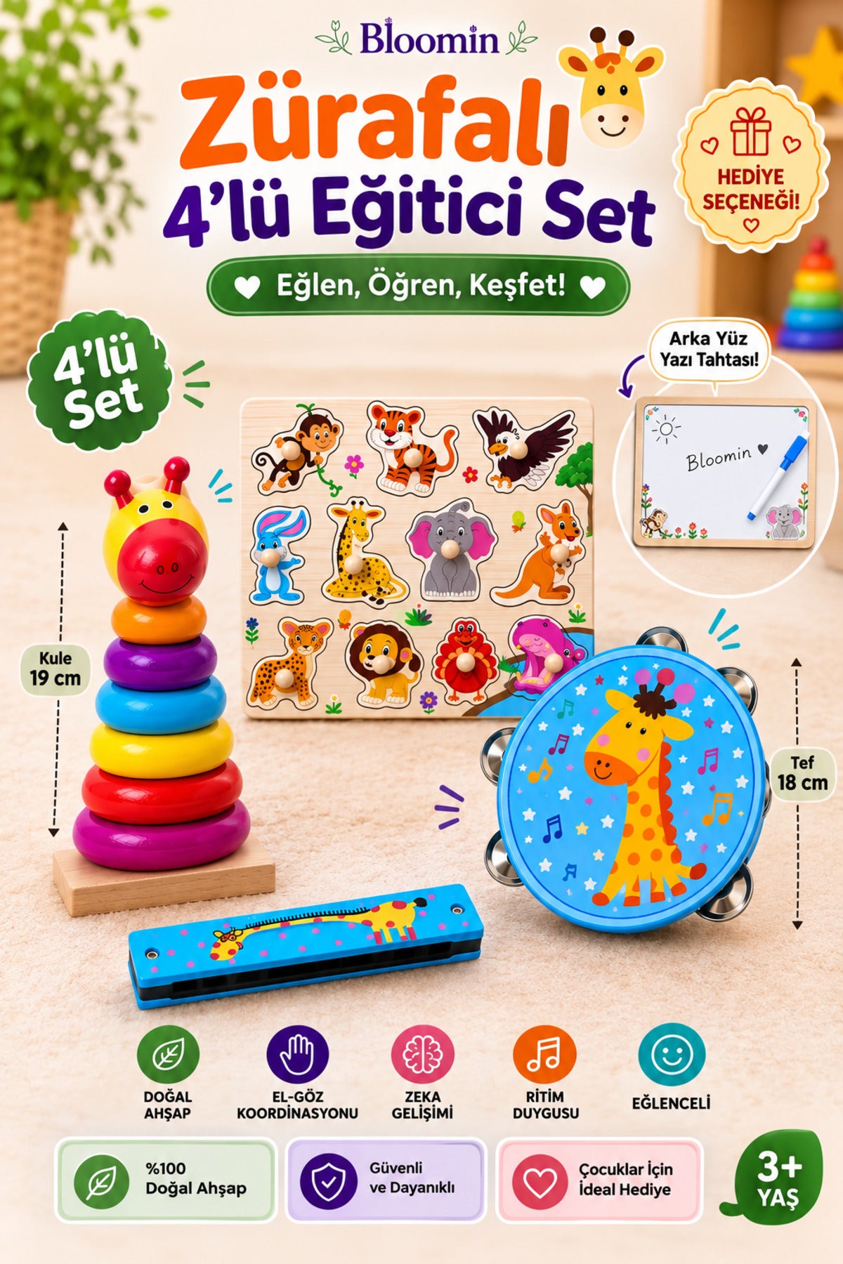 4lü Ahşap Zürafalı Eğitici Set