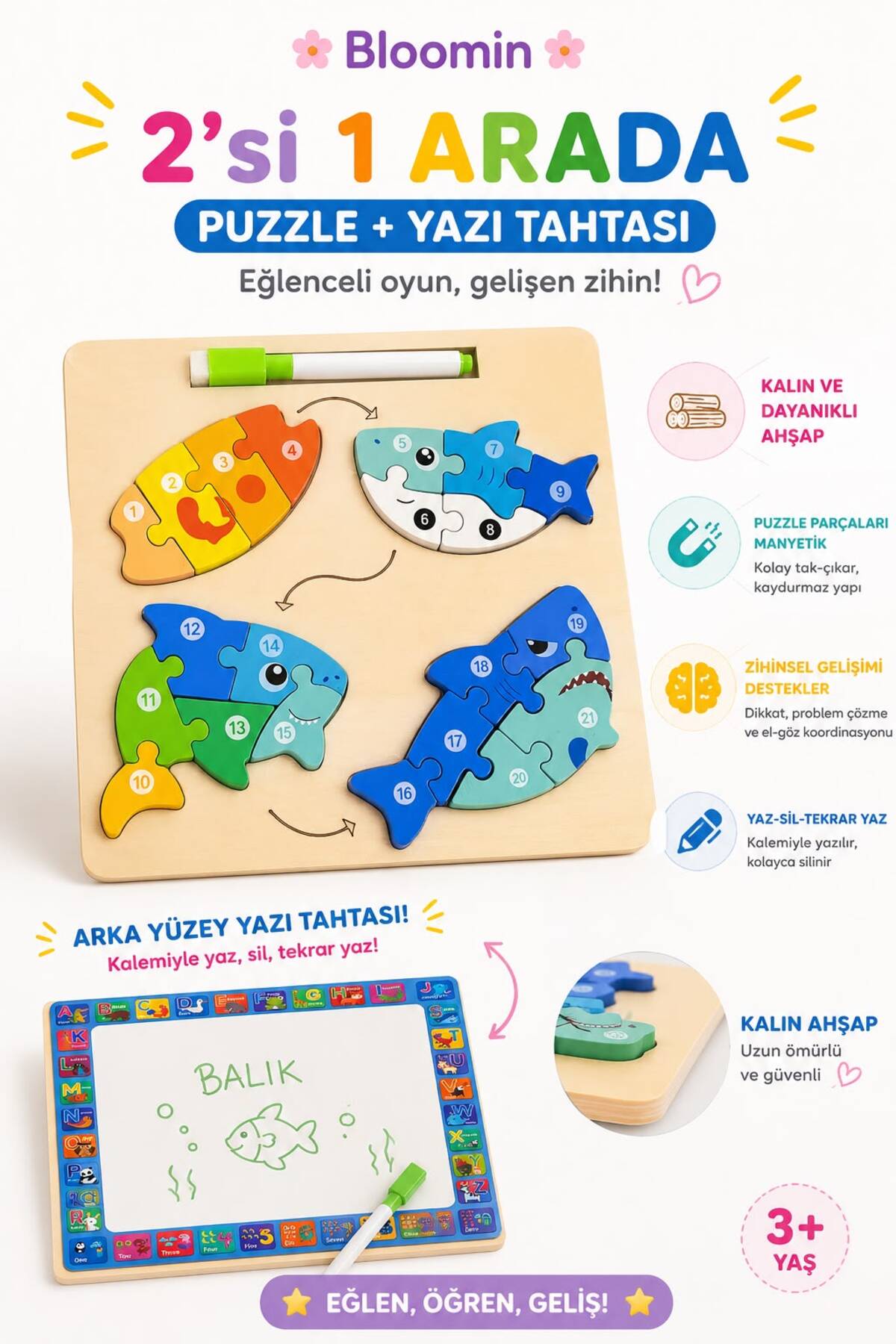 Eğitici Ahşap Oyuncak Temalı Yapboz - Bultak Ve Silinebilir Yazı Tahtası (Kalem Dahil) Çocuk Bebek
