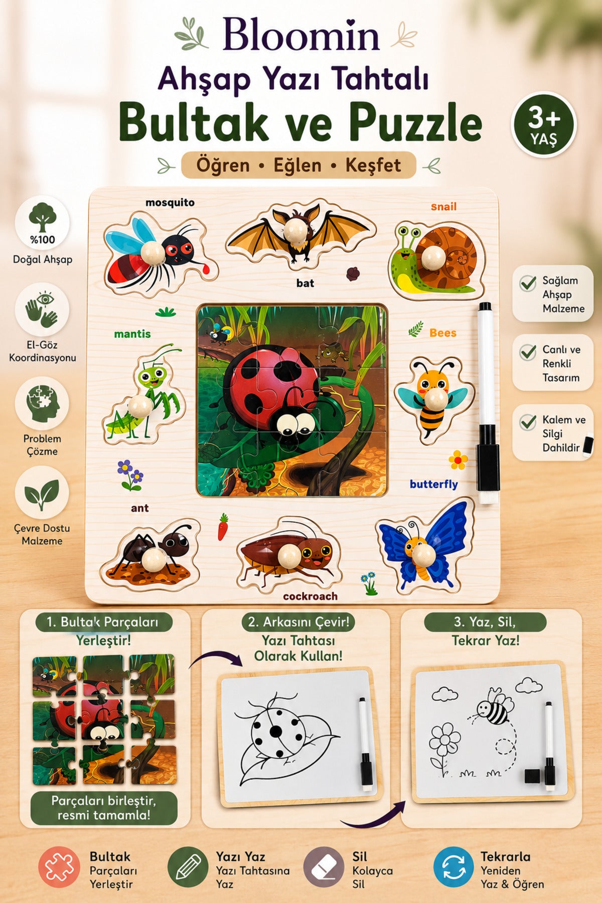 Ahşap Eğitici Bultak & Puzzle Oyuncak Ve Yaz Sil Yazı Tahtası Bebek Çocuk Ahşap Oyuncak