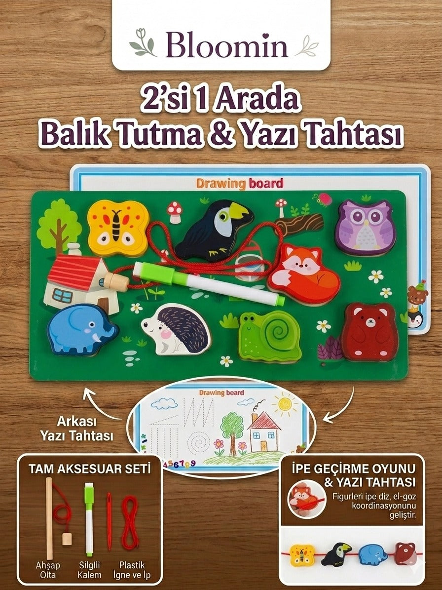 2'si 1 Arada Ahşap Balık Tutma ve Yazı Tahtası İpe Geçirme - Eğitici Zeka Oyunu Ahşap Bebek Çocuk Bultak Oyuncak